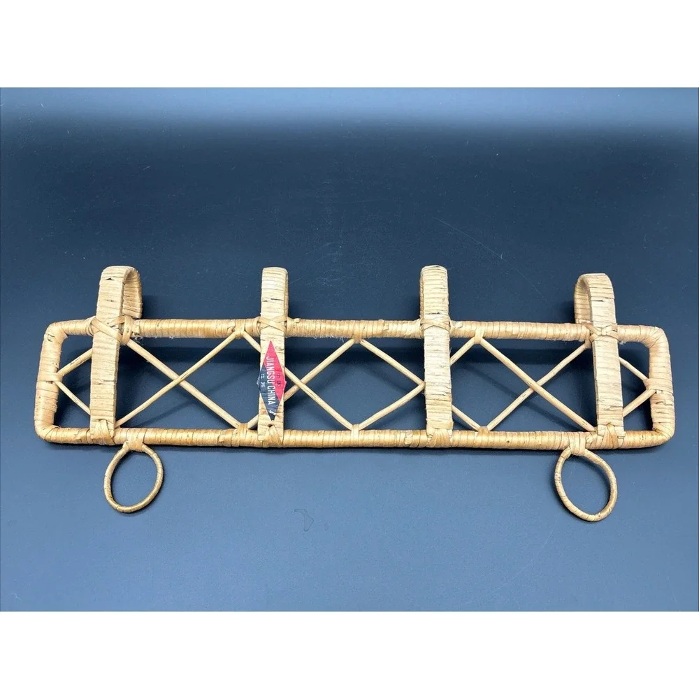 VTG 70s Rattan Wicker Wall Coat Rack 4 Hooks Diamond Lattice Jiangsu China Boho